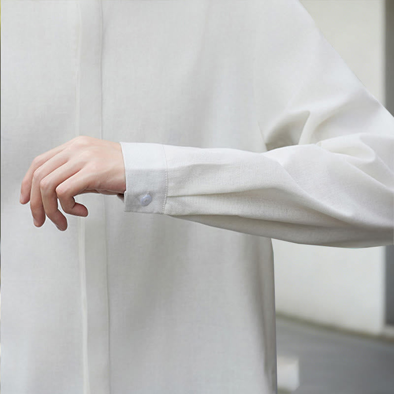 Nimara Ritual Fall Solid Color White Men's Long Sleeve Cotton Linen Shirt Corduroy Kimono