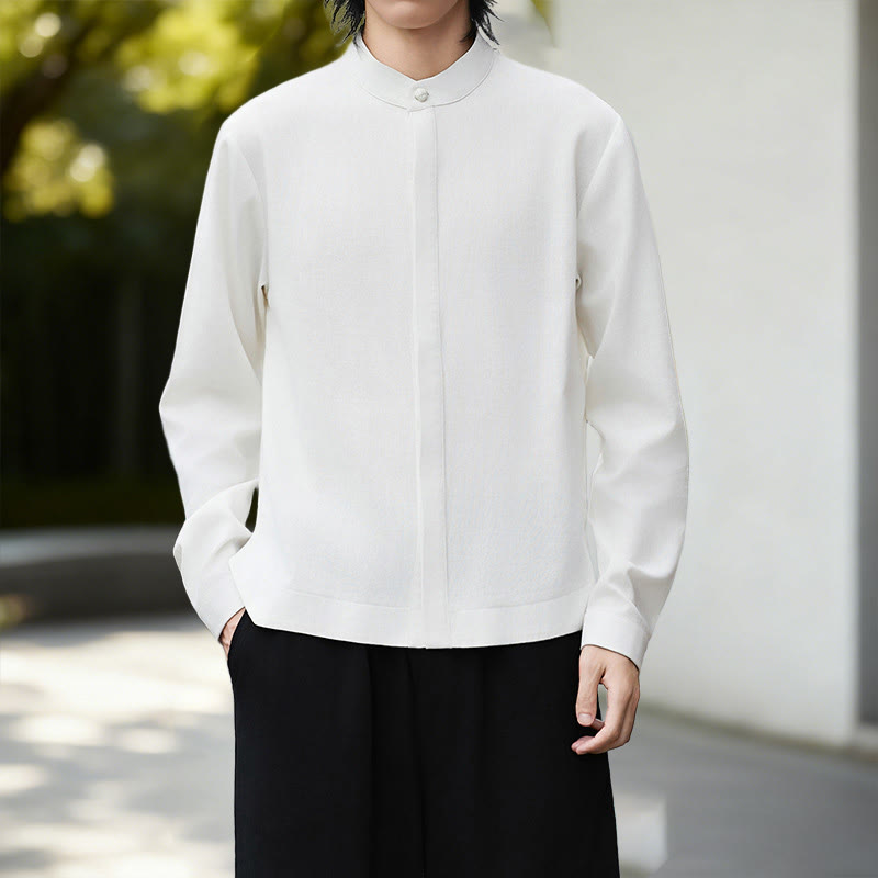 Nimara Ritual Fall Solid Color White Men's Long Sleeve Cotton Linen Shirt Corduroy Kimono