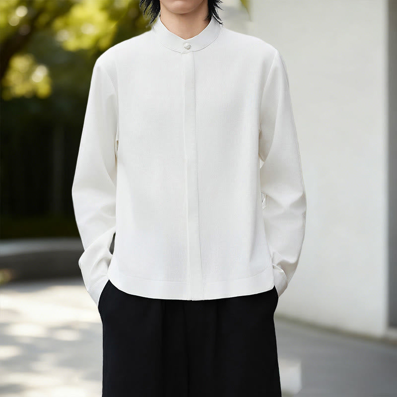 Nimara Ritual Fall Solid Color White Men's Long Sleeve Cotton Linen Shirt Corduroy Kimono