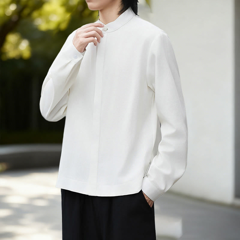 Nimara Ritual Fall Solid Color White Men's Long Sleeve Cotton Linen Shirt Corduroy Kimono