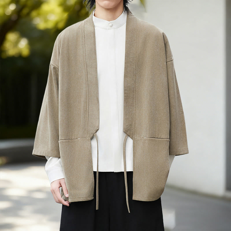 Nimara Ritual Solid Color Open Front Long Sleeve Corduroy Jacket Men's Kimono Cotton Linen Shirt