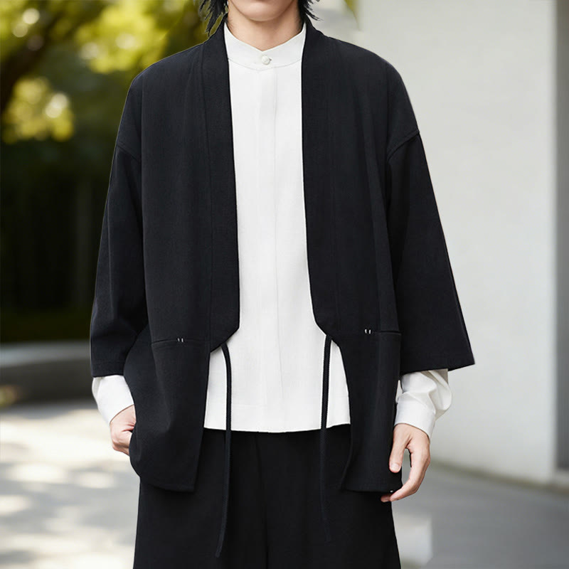 Nimara Ritual Solid Color Open Front Long Sleeve Corduroy Jacket Men's Kimono Cotton Linen Shirt