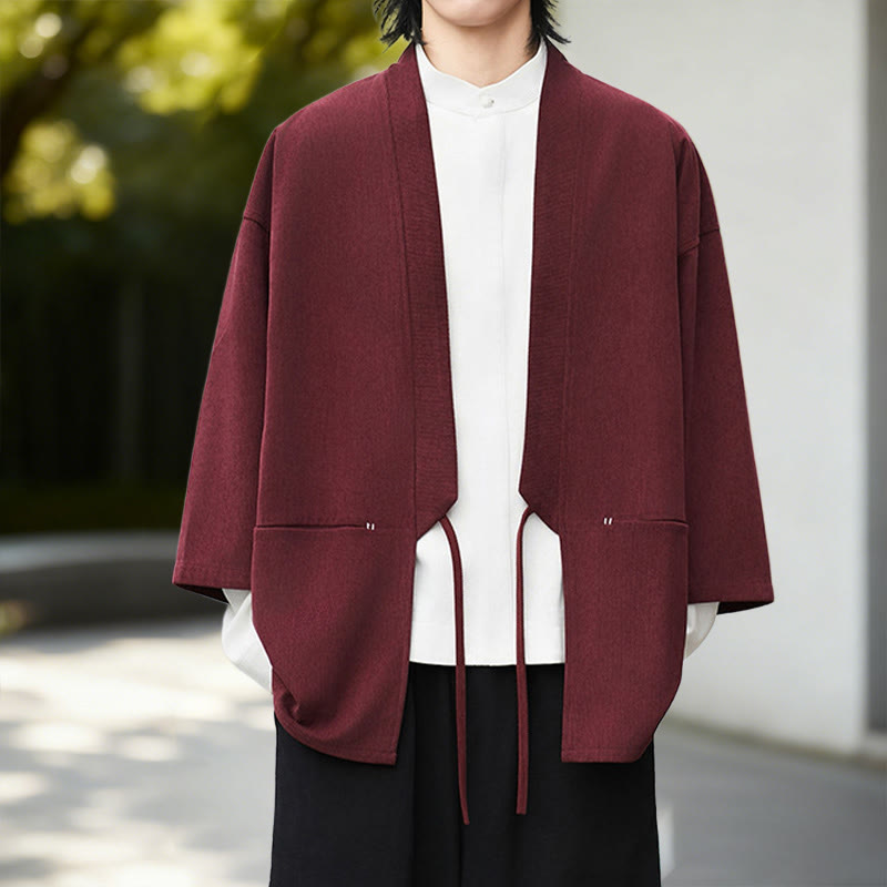 Nimara Ritual Solid Color Open Front Long Sleeve Corduroy Jacket Men's Kimono Cotton Linen Shirt