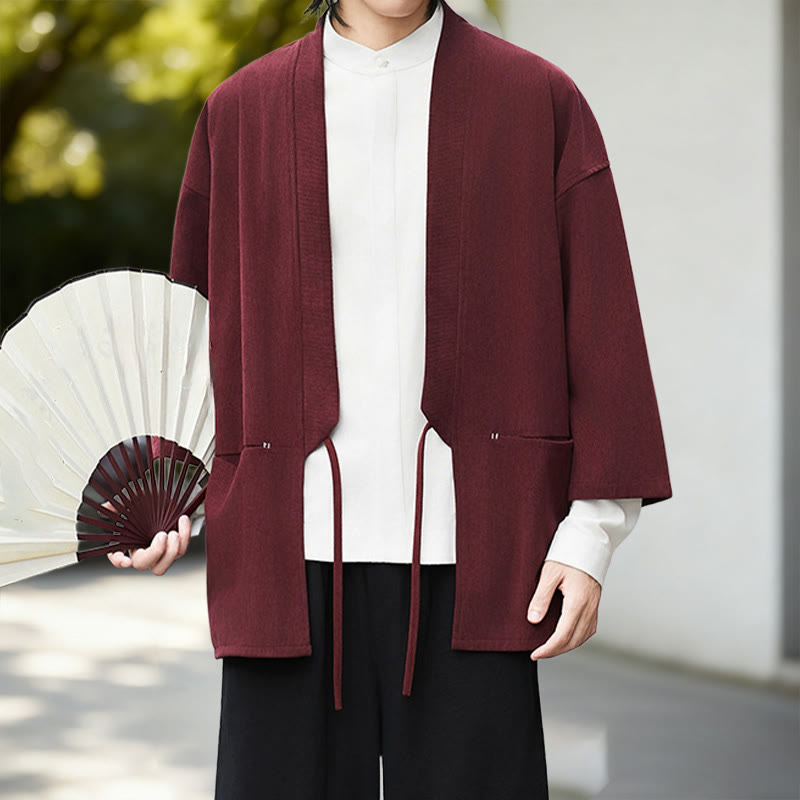 Nimara Ritual Solid Color Open Front Long Sleeve Corduroy Jacket Men's Kimono Cotton Linen Shirt