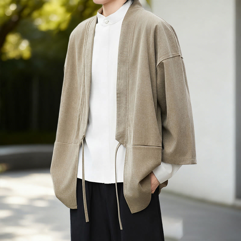 Nimara Ritual Solid Color Open Front Long Sleeve Corduroy Jacket Men's Kimono Cotton Linen Shirt