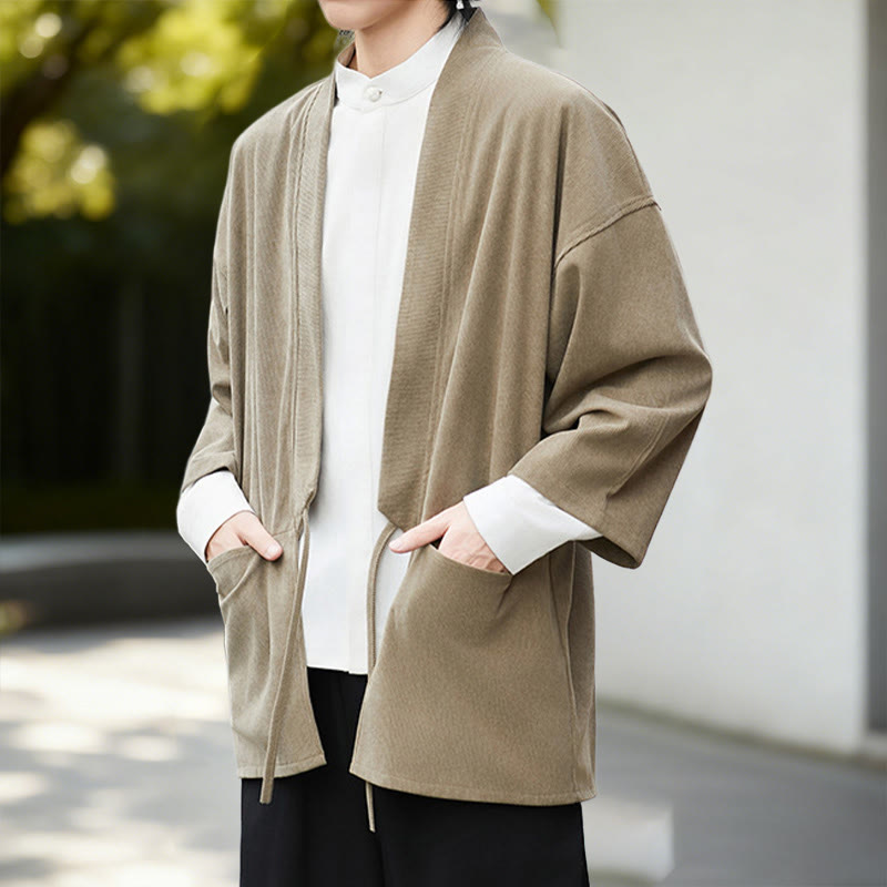 Nimara Ritual Solid Color Open Front Long Sleeve Corduroy Jacket Men's Kimono Cotton Linen Shirt