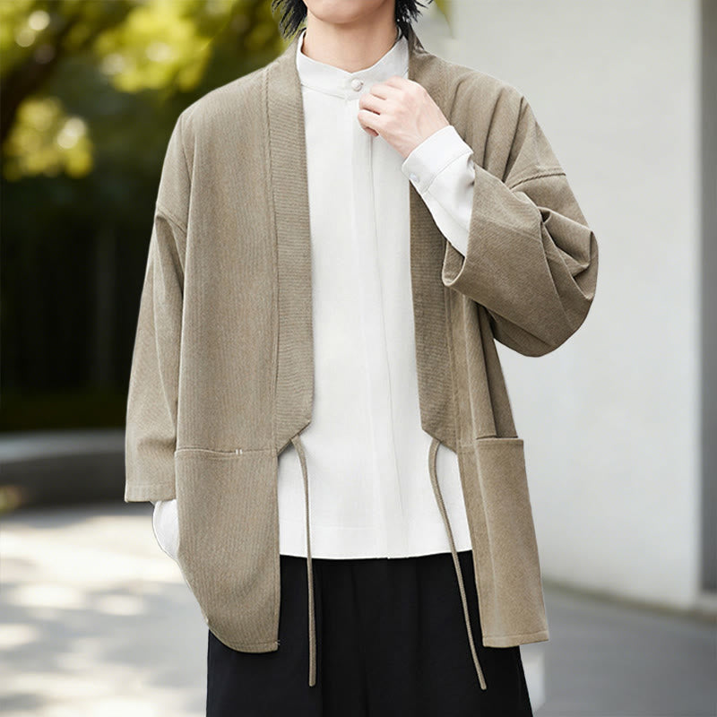 Nimara Ritual Solid Color Open Front Long Sleeve Corduroy Jacket Men's Kimono Cotton Linen Shirt
