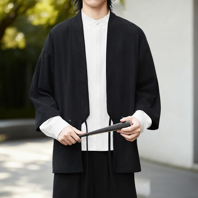 Nimara Ritual Fall Solid Color White Men's Long Sleeve Cotton Linen Shirt Corduroy Kimono