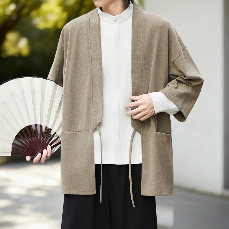 Nimara Ritual Fall Solid Color White Men's Long Sleeve Cotton Linen Shirt Corduroy Kimono