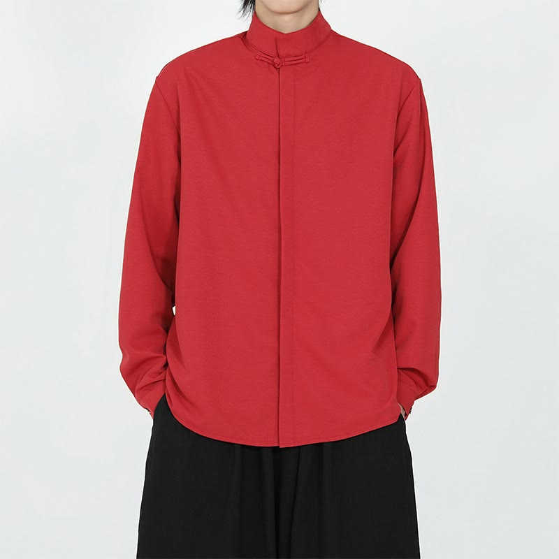 Nimara Ritual Solid Color One Frog-Button Long Sleeve Cotton Men's Shirt