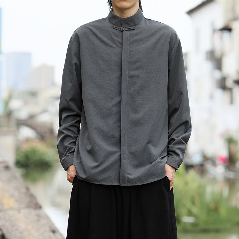 Nimara Ritual Solid Color One Frog-Button Long Sleeve Cotton Men's Shirt