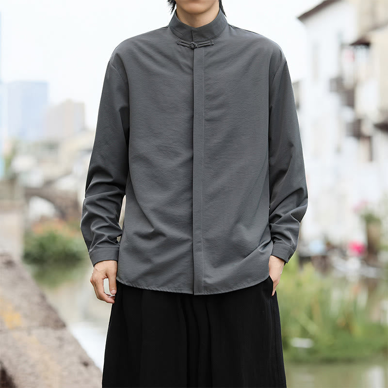 Nimara Ritual Solid Color One Frog-Button Long Sleeve Cotton Men's Shirt