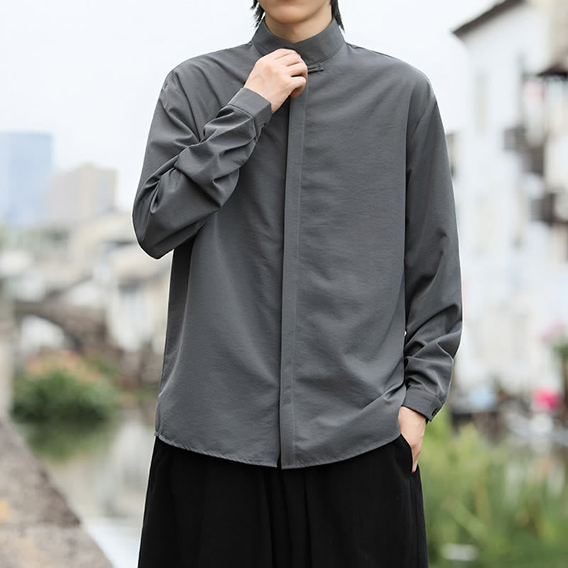 Nimara Ritual Solid Color One Frog-Button Long Sleeve Cotton Men's Shirt