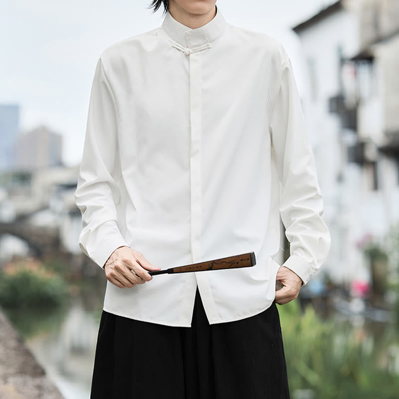 Nimara Ritual Solid Color One Frog-Button Long Sleeve Cotton Men's Shirt