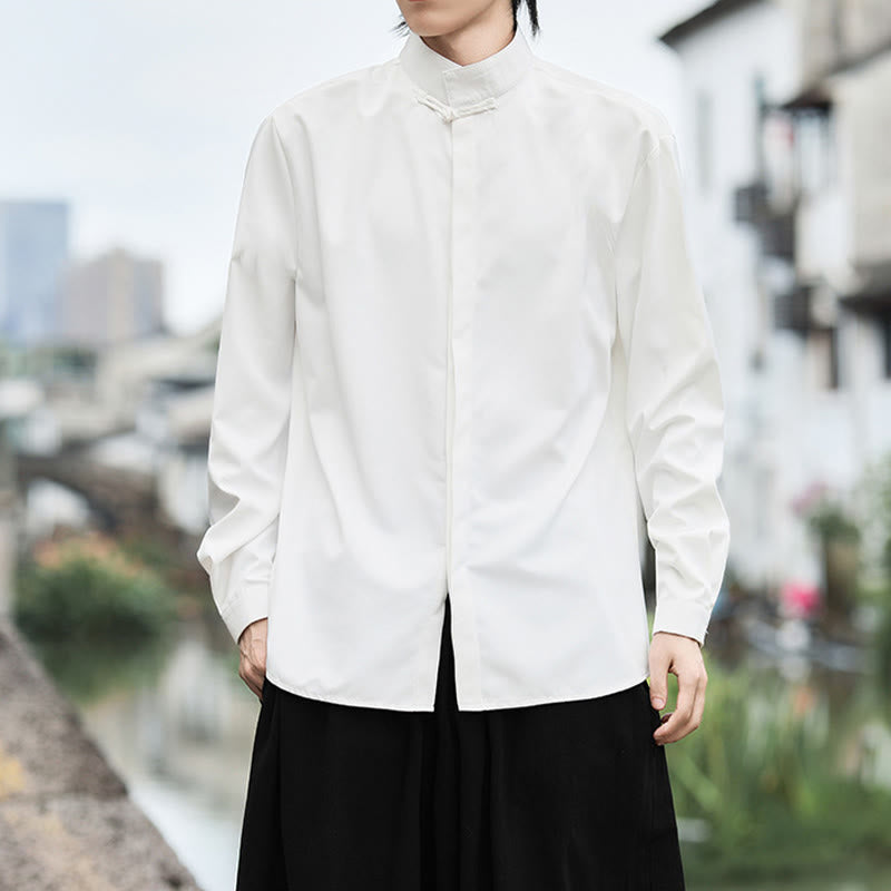 Nimara Ritual Solid Color One Frog-Button Long Sleeve Cotton Men's Shirt