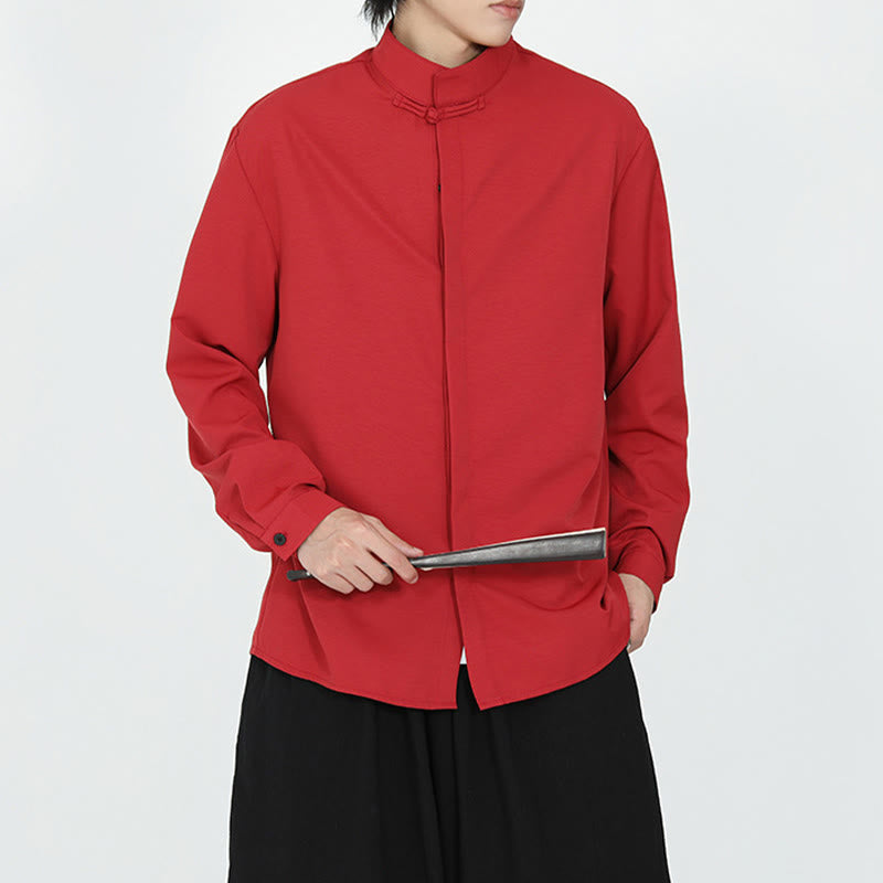 Nimara Ritual Solid Color One Frog-Button Long Sleeve Cotton Men's Shirt
