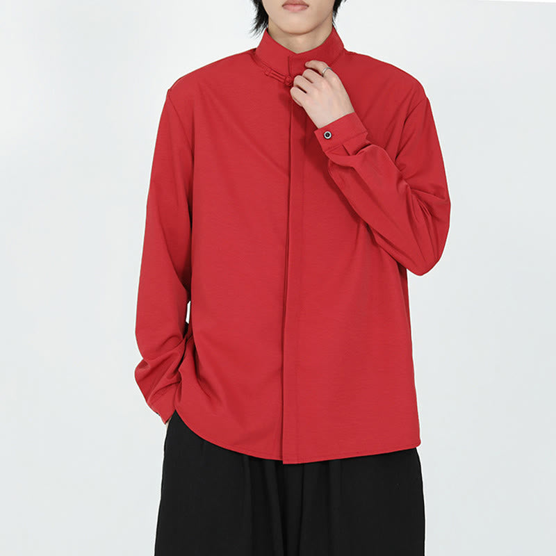 Nimara Ritual Solid Color One Frog-Button Long Sleeve Cotton Men's Shirt