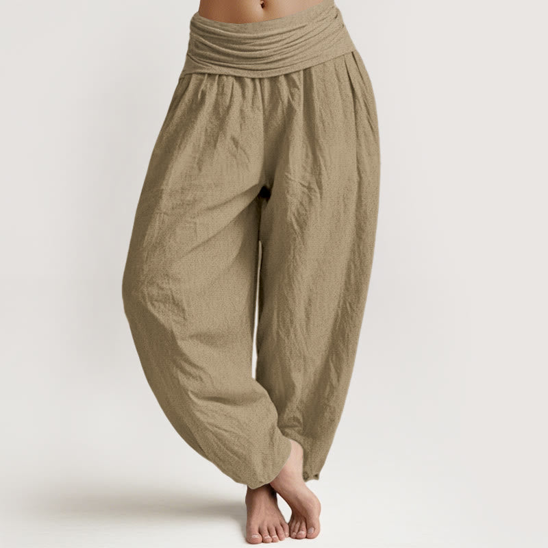 Nimara Ritual Cotton Tan Solid Color Women's Elastic Waist Harem Pants