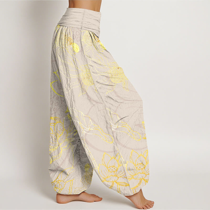 Nimara Ritual Cotton Lotus Leaf Koi Fish Women's Elastic Waist Harem Pants