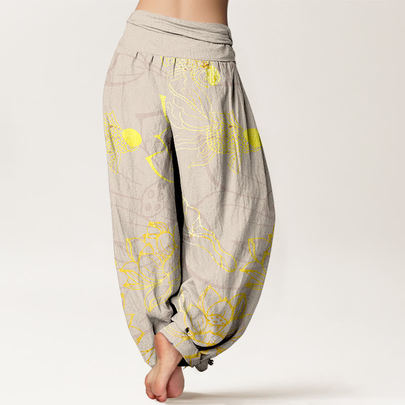 Nimara Ritual Cotton Lotus Leaf Koi Fish Women's Elastic Waist Harem Pants