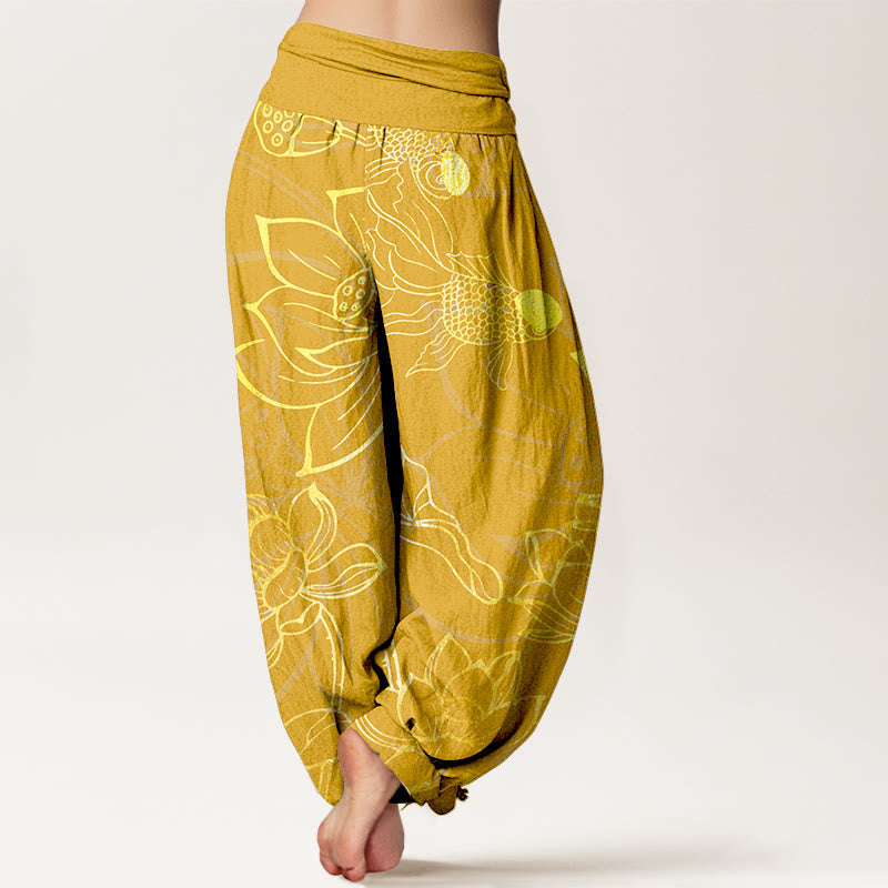 Nimara Ritual Cotton Lotus Leaf Koi Fish Women's Elastic Waist Harem Pants