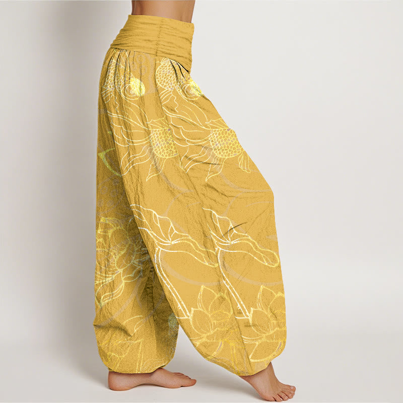 Nimara Ritual Cotton Lotus Leaf Koi Fish Women's Elastic Waist Harem Pants