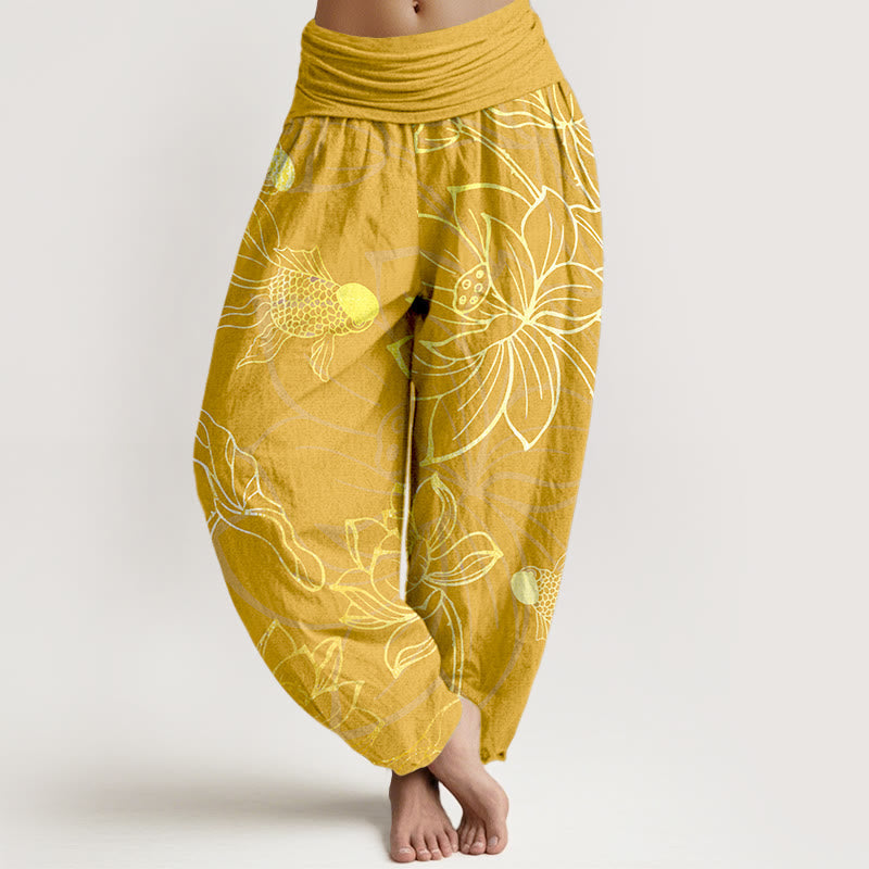 Nimara Ritual Pure Cotton Lotus Leaf Koi Fish Women's Elastic Waist Harem Pants
