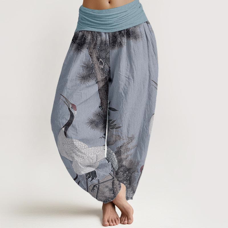 Nimara Ritual Pure Cotton Casual Red-crowned Crane Pine Tree Mountain Women's Elastic Waist Harem Pants