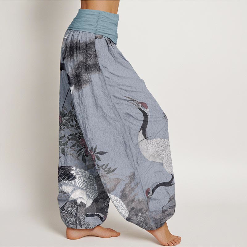 Nimara Ritual Pure Cotton Casual Red-crowned Crane Pine Tree Mountain Women's Elastic Waist Harem Pants