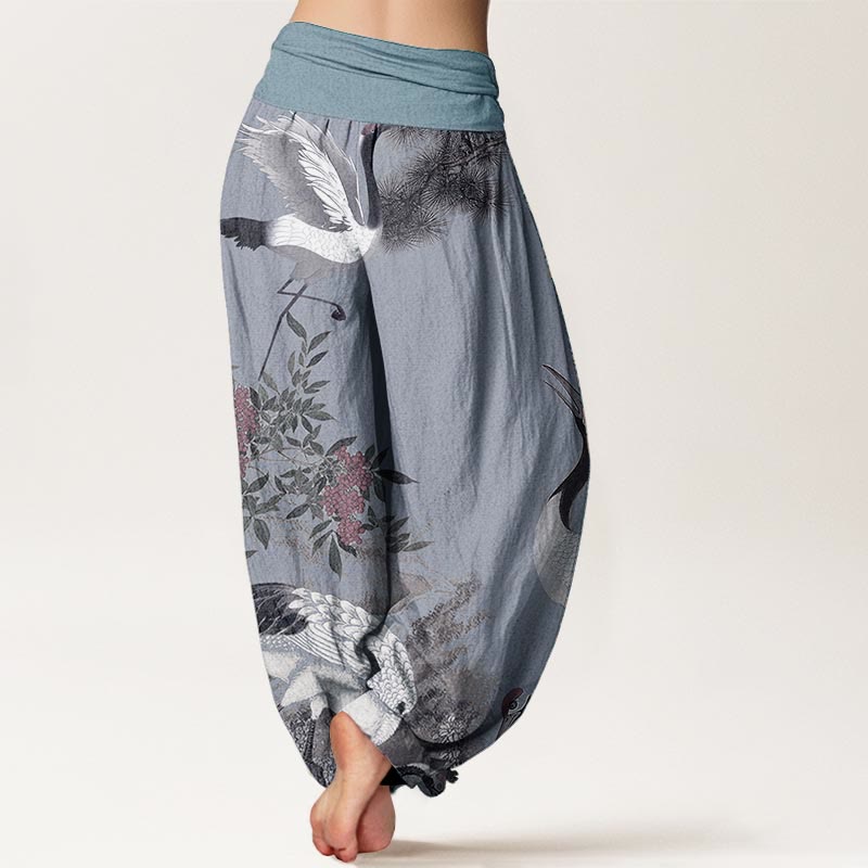 Nimara Ritual Pure Cotton Casual Red-crowned Crane Pine Tree Mountain Women's Elastic Waist Harem Pants
