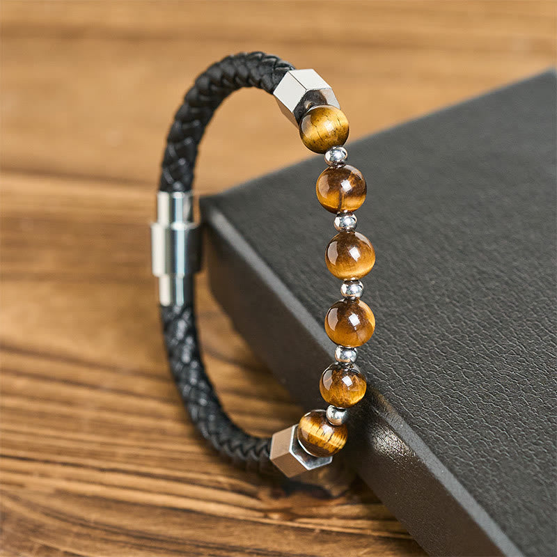 Nimara Ritual Tiger Eye Titanium Steel Courage Balance Leather Bracelet