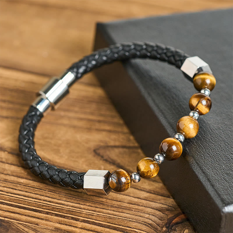 Nimara Ritual Tiger Eye Titanium Steel Courage Balance Leather Bracelet