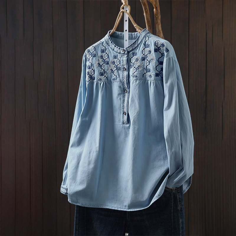 Nimara Ritual Geometry Floral Embroidery Cotton Denim Half Buttons Long Sleeve Women's Shirt