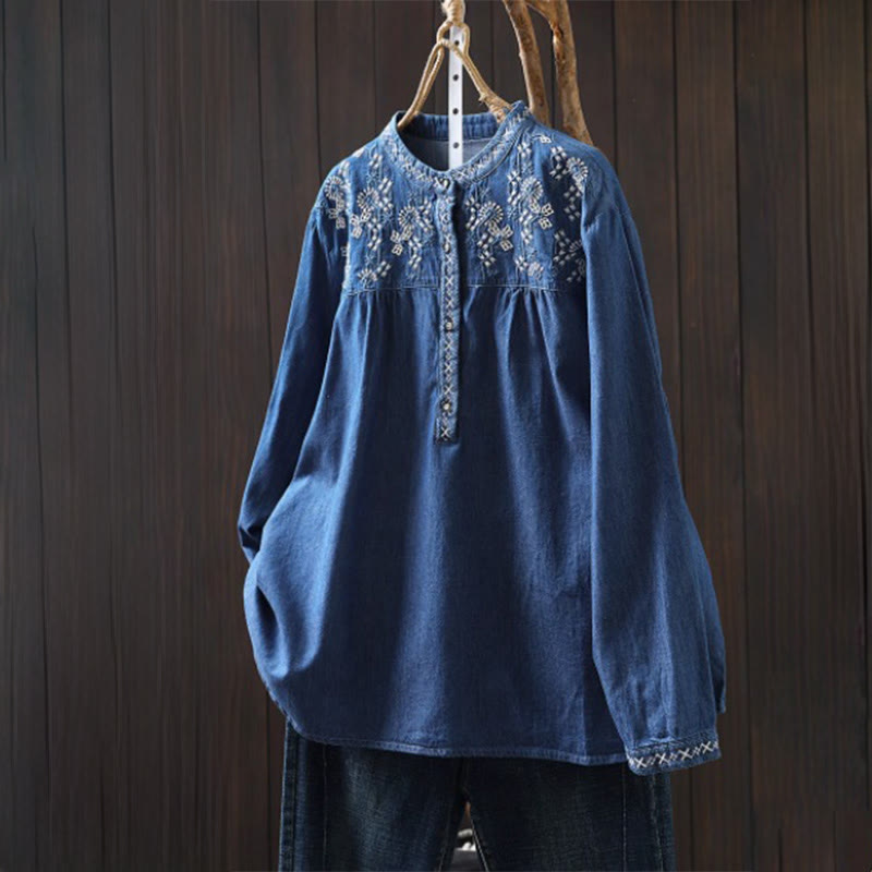 Nimara Ritual Geometry Floral Embroidery Cotton Denim Half Buttons Long Sleeve Women's Shirt