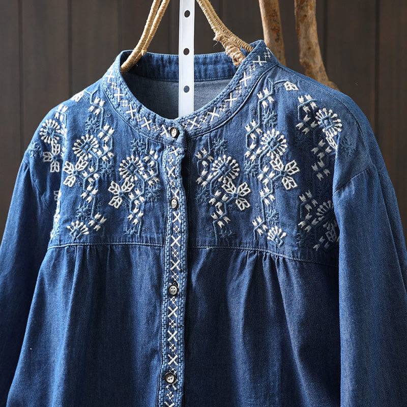 Nimara Ritual Geometry Floral Embroidery Cotton Denim Half Buttons Long Sleeve Women's Shirt