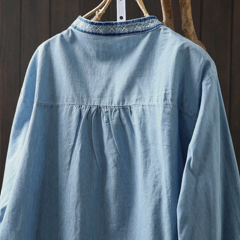 Nimara Ritual Geometry Floral Embroidery Cotton Denim Half Buttons Long Sleeve Women's Shirt