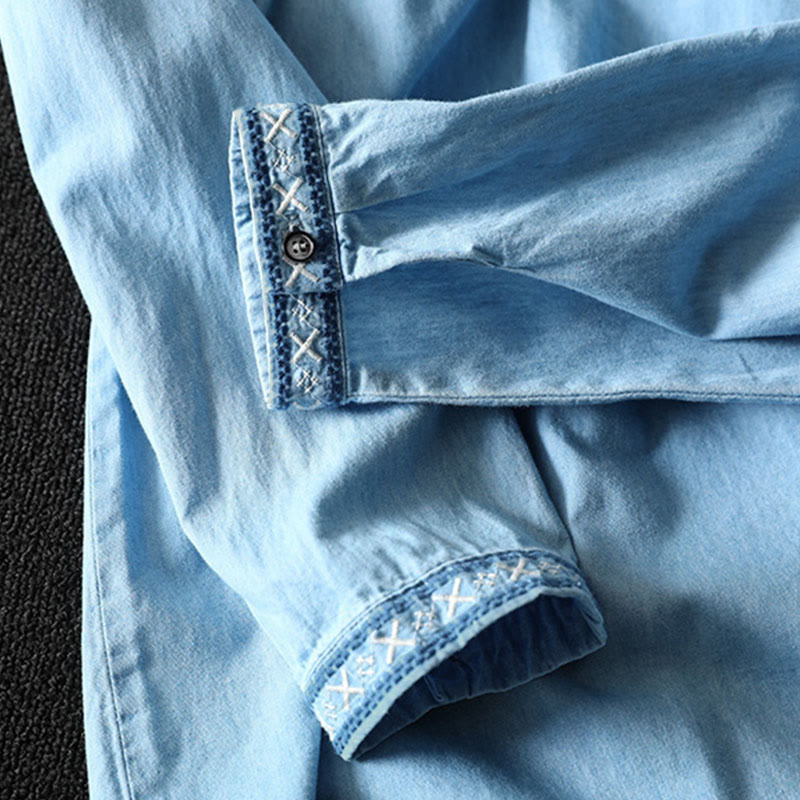 Nimara Ritual Geometry Floral Embroidery Cotton Denim Half Buttons Long Sleeve Women's Shirt