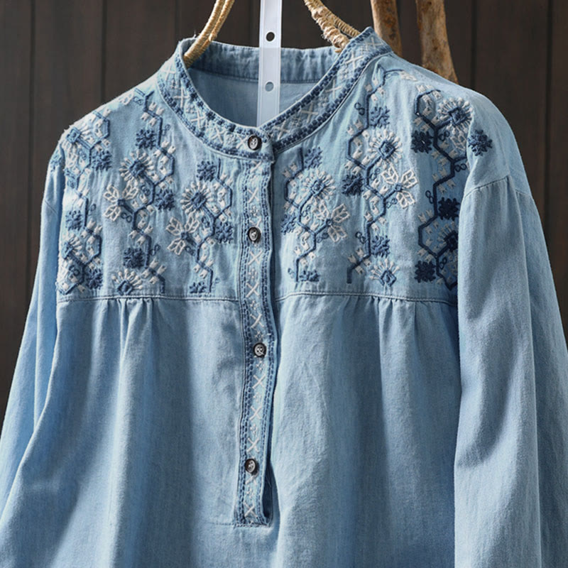 Nimara Ritual Geometry Floral Embroidery Cotton Denim Half Buttons Long Sleeve Women's Shirt