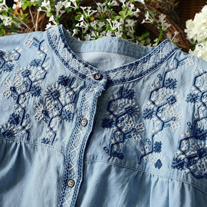 Nimara Ritual Geometry Floral Embroidery Cotton Denim Half Buttons Long Sleeve Women's Shirt
