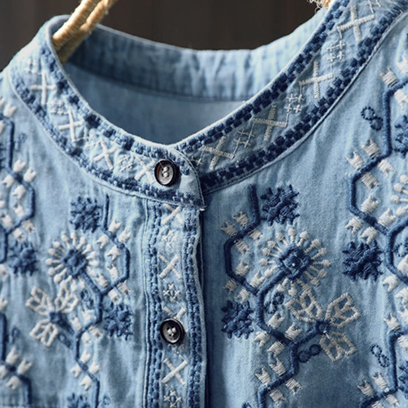 Nimara Ritual Geometry Floral Embroidery Cotton Denim Half Buttons Long Sleeve Women's Shirt