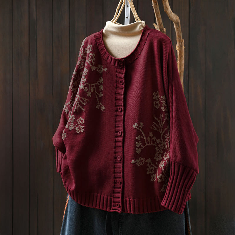 Nimara Ritual Floral Buttons Cotton Women's Long Batwing Sleeve Knitted Cardigan