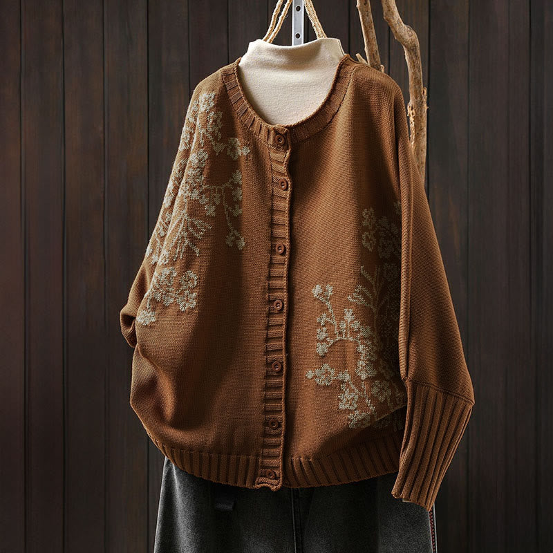 Nimara Ritual Floral Buttons Cotton Women's Long Batwing Sleeve Knitted Cardigan
