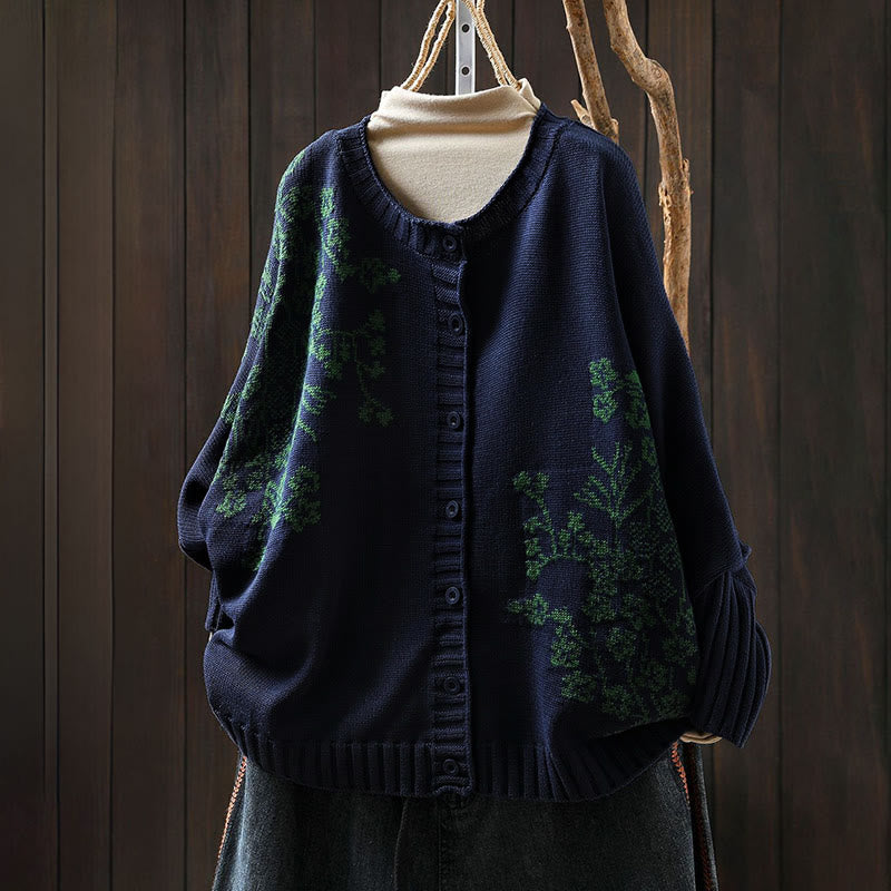 Nimara Ritual Floral Buttons Cotton Women's Long Batwing Sleeve Knitted Cardigan