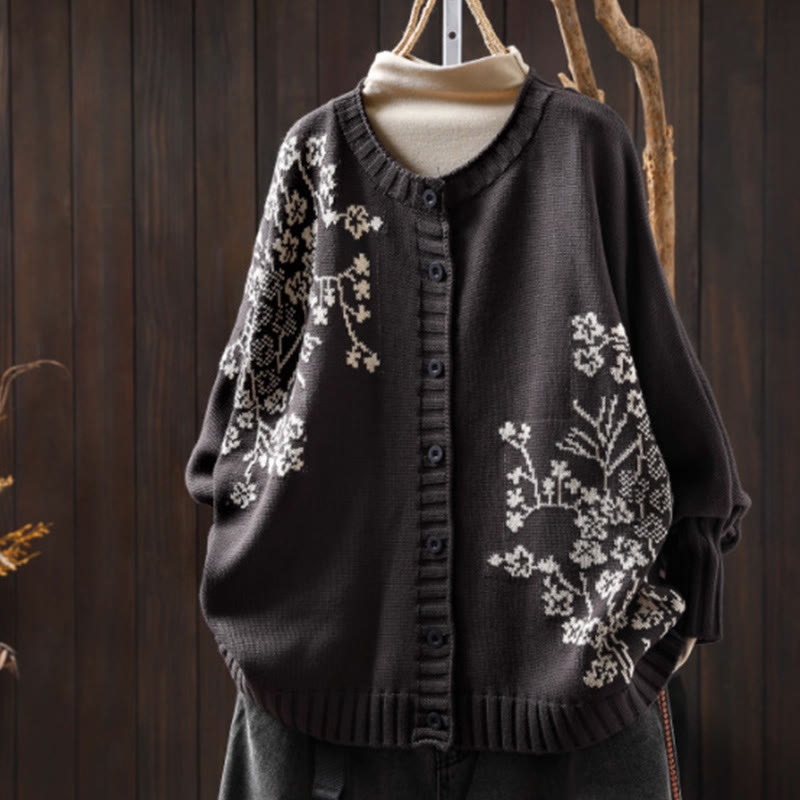 Nimara Ritual Floral Buttons Cotton Women's Long Batwing Sleeve Knitted Cardigan