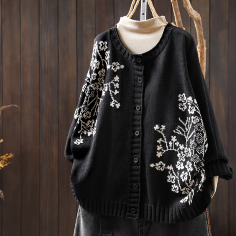 Nimara Ritual Floral Buttons Cotton Women's Long Batwing Sleeve Knitted Cardigan