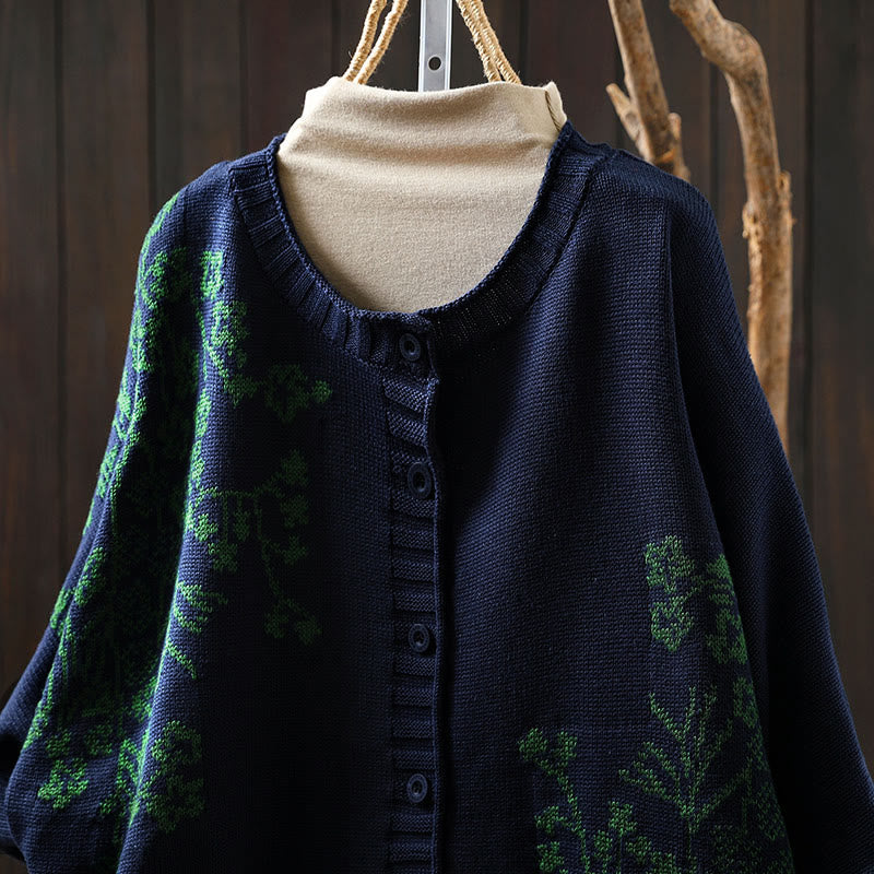 Nimara Ritual Floral Buttons Cotton Women's Long Batwing Sleeve Knitted Cardigan