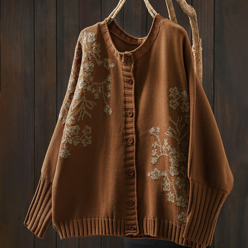 Nimara Ritual Floral Buttons Cotton Women's Long Batwing Sleeve Knitted Cardigan