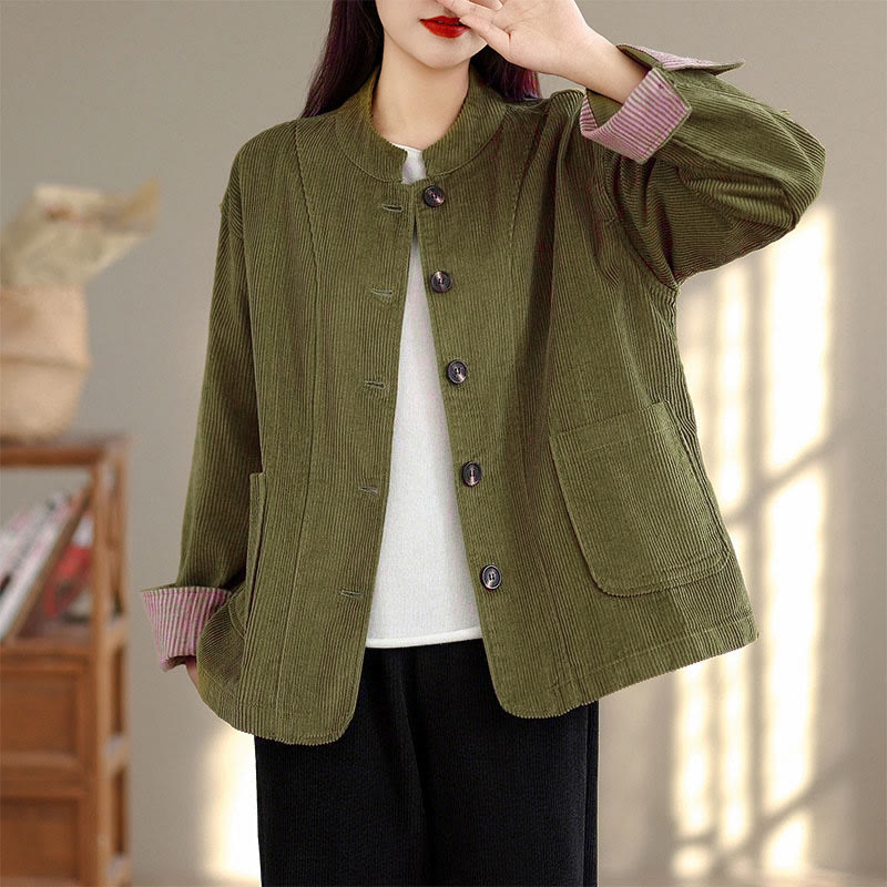 Nimara Ritual Buttons Design Corduroy Long Sleeve Women's Jacket With Pockets