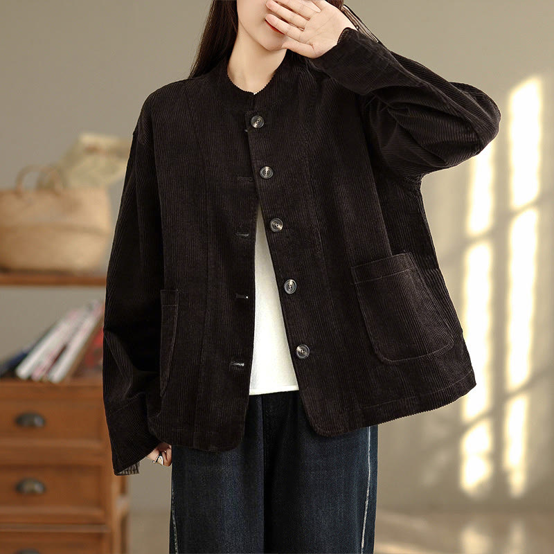 Nimara Ritual Buttons Design Corduroy Long Sleeve Women's Jacket With Pockets