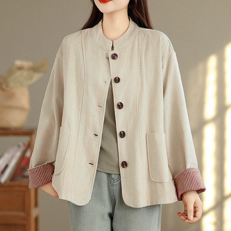 Nimara Ritual Buttons Design Corduroy Long Sleeve Women's Jacket With Pockets